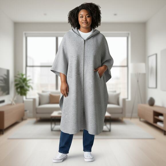 NWOT The Cashmere Project Poncho Cape Womens AOS Pure Cashmere Fox Fur Full Zip - Picture 1 of 12
